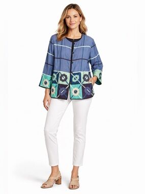 Allure Vintage Blue Geometric Patchwork Art-to-Wear Button-Up Jacket 2X